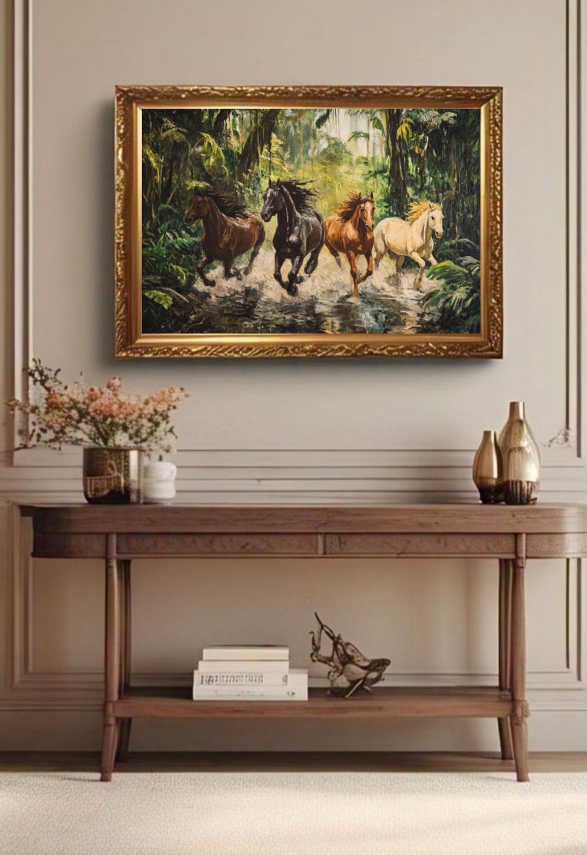 Four Wild Horses Galloping Jungle Stream Water Splash Poster - Image 2