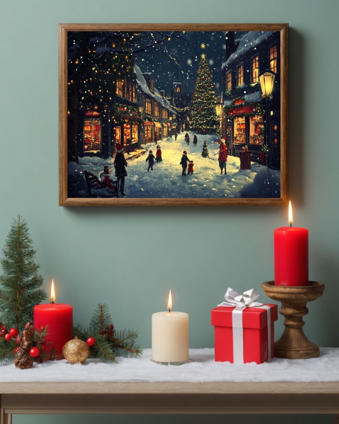 Christmas Village Main Street Night Lit Shops Big Tree Snowy Poster - Image 2