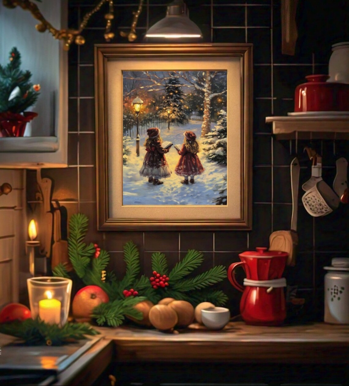 Little Christmas Carolers in Snowy Lamplit Park Vintage Holiday Poster - Image 2