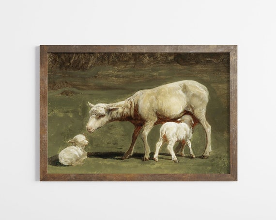 Vintage Spring Lamb Nursery Painting Kids Room Sheep Farmhouse Decor Rustic Country Wall Art