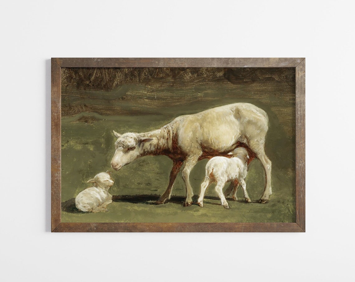 Vintage Ewe With Two Lambs Pastoral Sheep Oil Painting Poster
