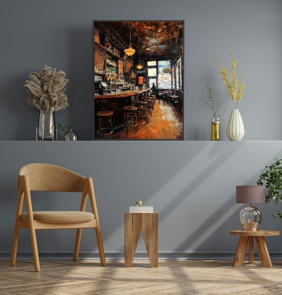 Moody Vintage Bar Interior Oil Painting Warm Tavern Kitchen Poster