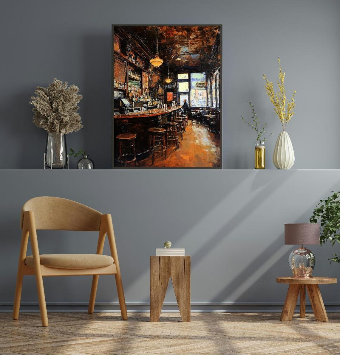Moody Vintage Bar Interior Oil Painting Warm Tavern Kitchen Poster