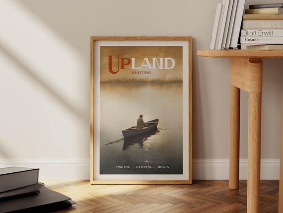 Upland Hunting Vintage Canoe Misty Lake Retro Outdoor Poster