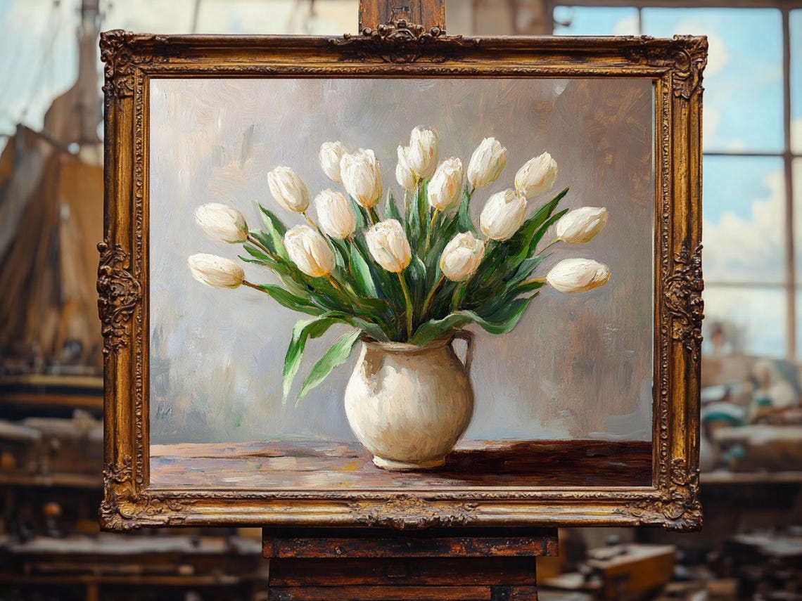 Tulips White Flowers Flower Art Oil Painting Cottage Core Art Best Gifts Vintage Painting Wall Art Prints - Image 2