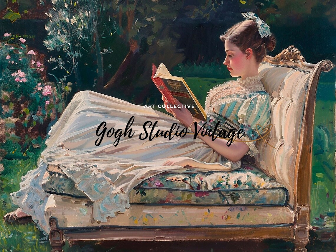 Young Woman Reading Book on Garden Chaise Vintage Portrait Poster - Image 3