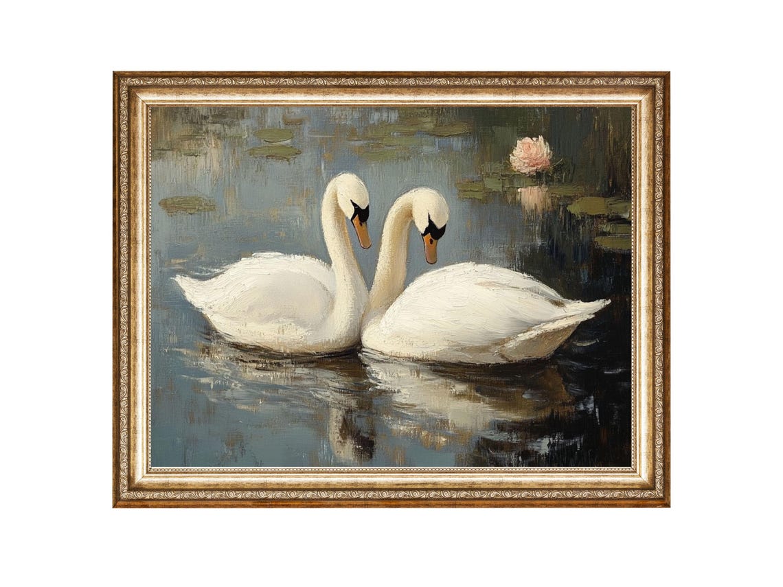 Swan Couple Lake Art Print Wildlife Painting Water Birds Vintage Oil Painting Cottagecore Wall Art Wall Art Prints