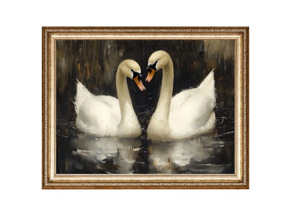 Romantic Swans Dark Moody Animal Art Oil Painting Cottagecore Wall Art Vintage Painting Wall Art Prints Instant