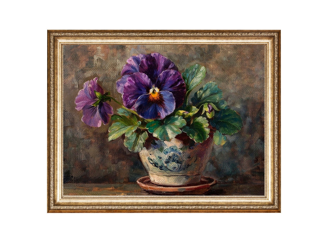 Pansy Flower Pot Vintage Floral Wall Art Print