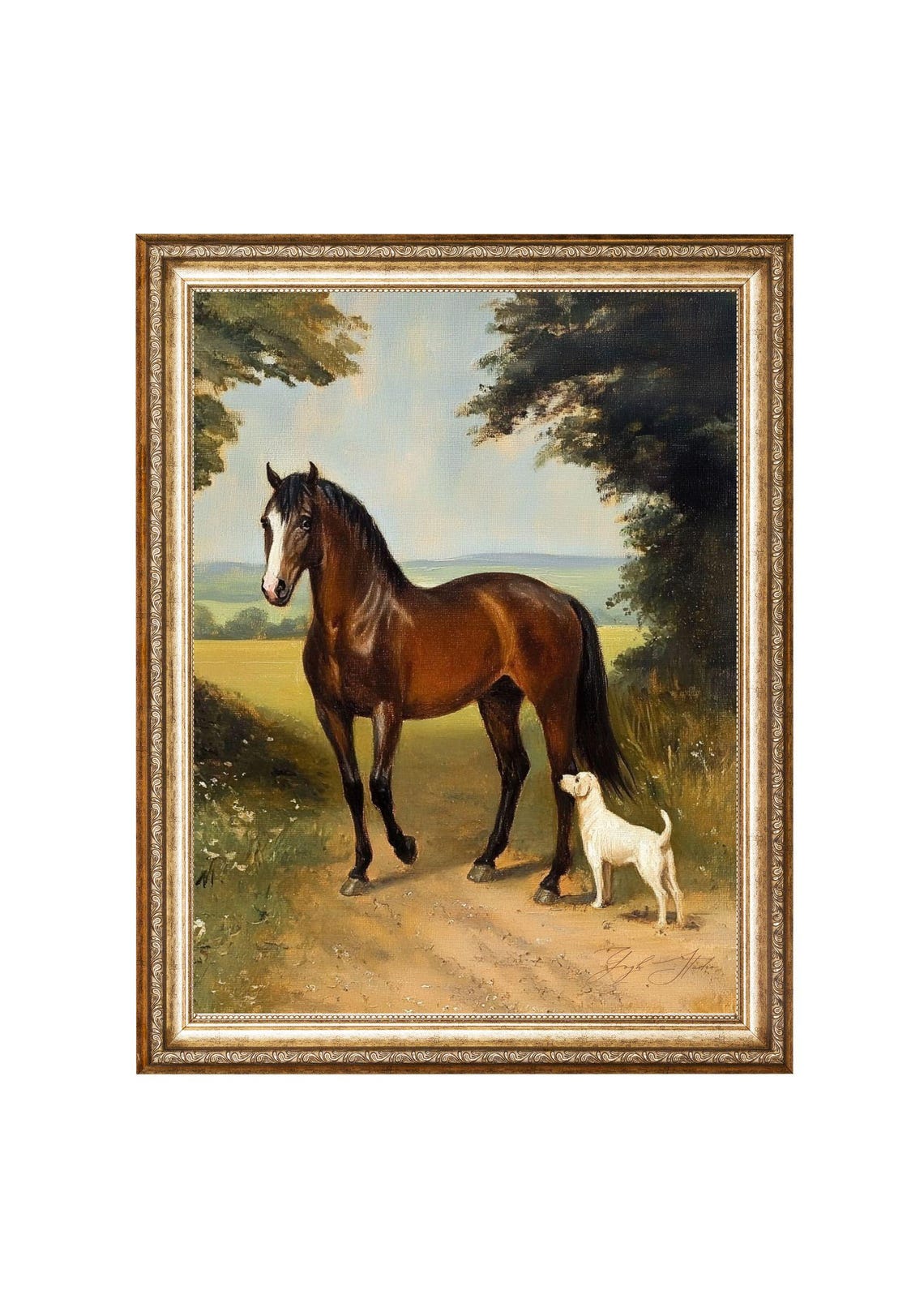 Horse And Dog In Countryside Path Rural Animal Friendship Vintage Oil Painting Cottagecore Wall Art Wall Art Prints