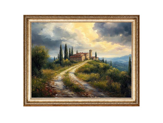 Tuscan Countryside Villa On A Hill With Cypress Trees Vintage Oil Painting Cottagecore Wall Art Wall Art Prints