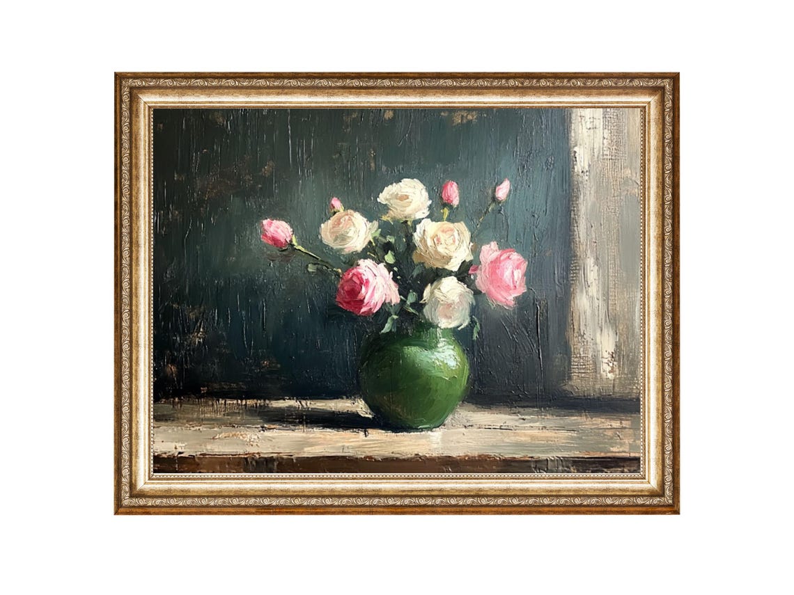 Flowers In Vase Pink And White Roses Painting Vintage Floral Oil Painting Cottage Core Art Best Gifts Wall Art Prints