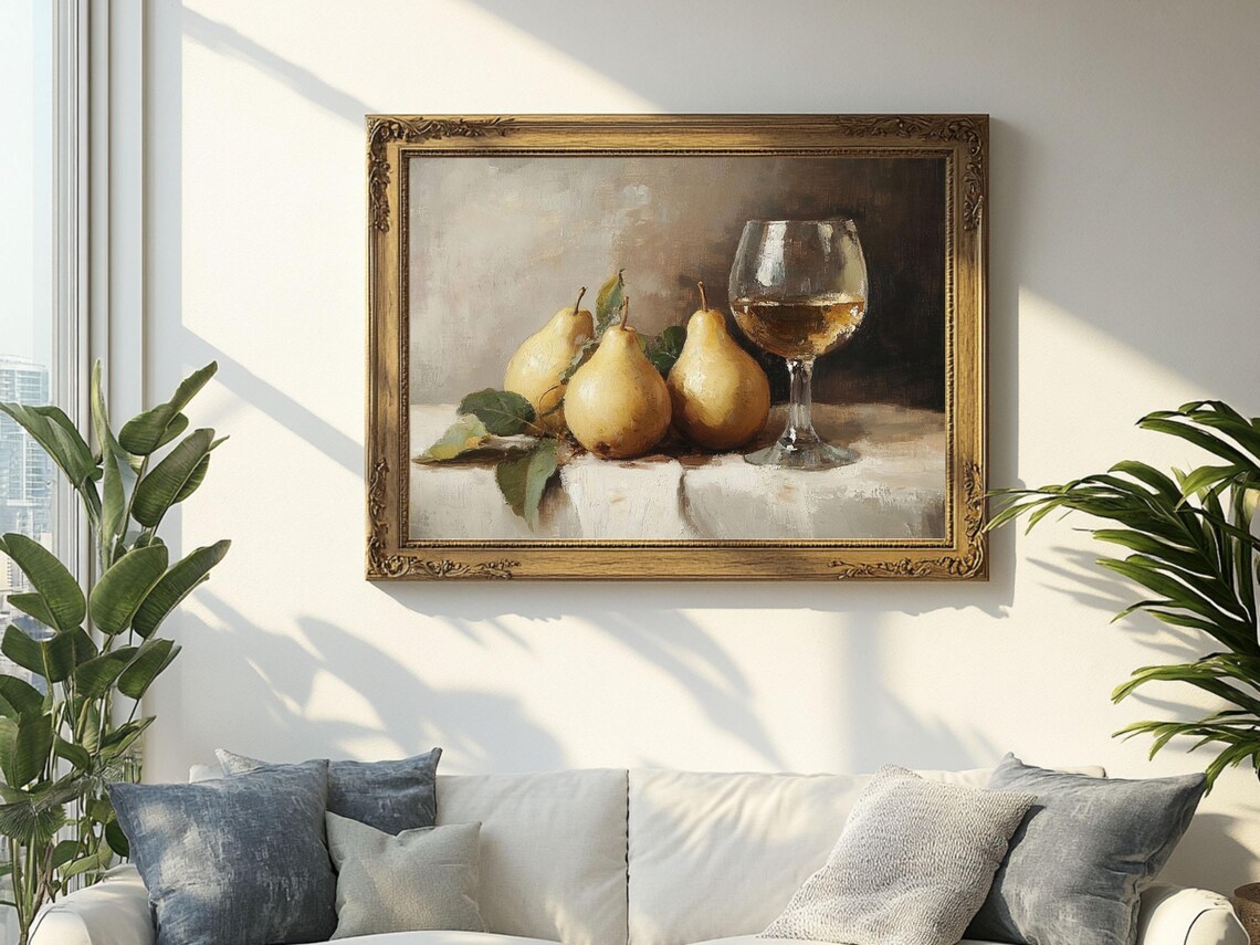 Pears and White Wine Glass on Table Rustic Kitchen Still Life Poster - Image 2