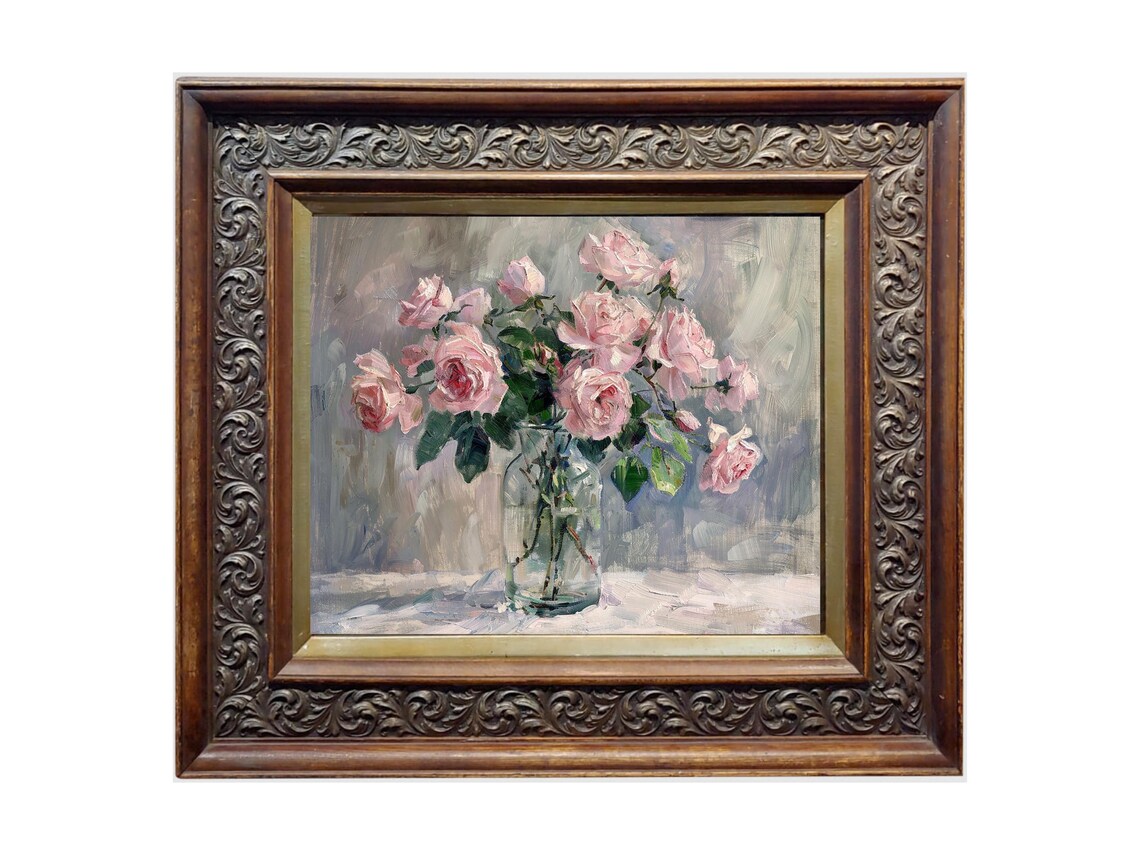 Pink Roses Floral Artwork, Vintage Flower Still Life - Image 2