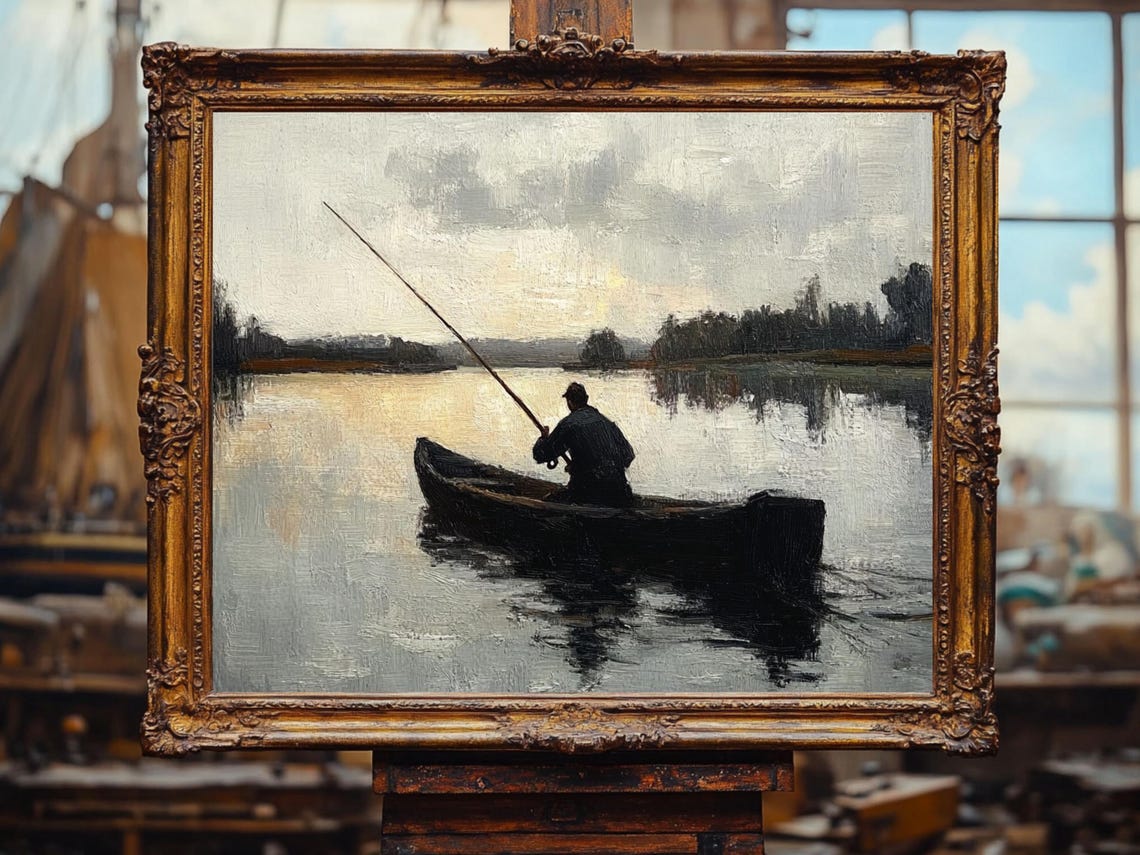 Vintage Fisherman Painting Rustic Lake Wall Art Oil Painting Cottage Core Art Best Gifts Vintage Painting Art Prints - Image 2
