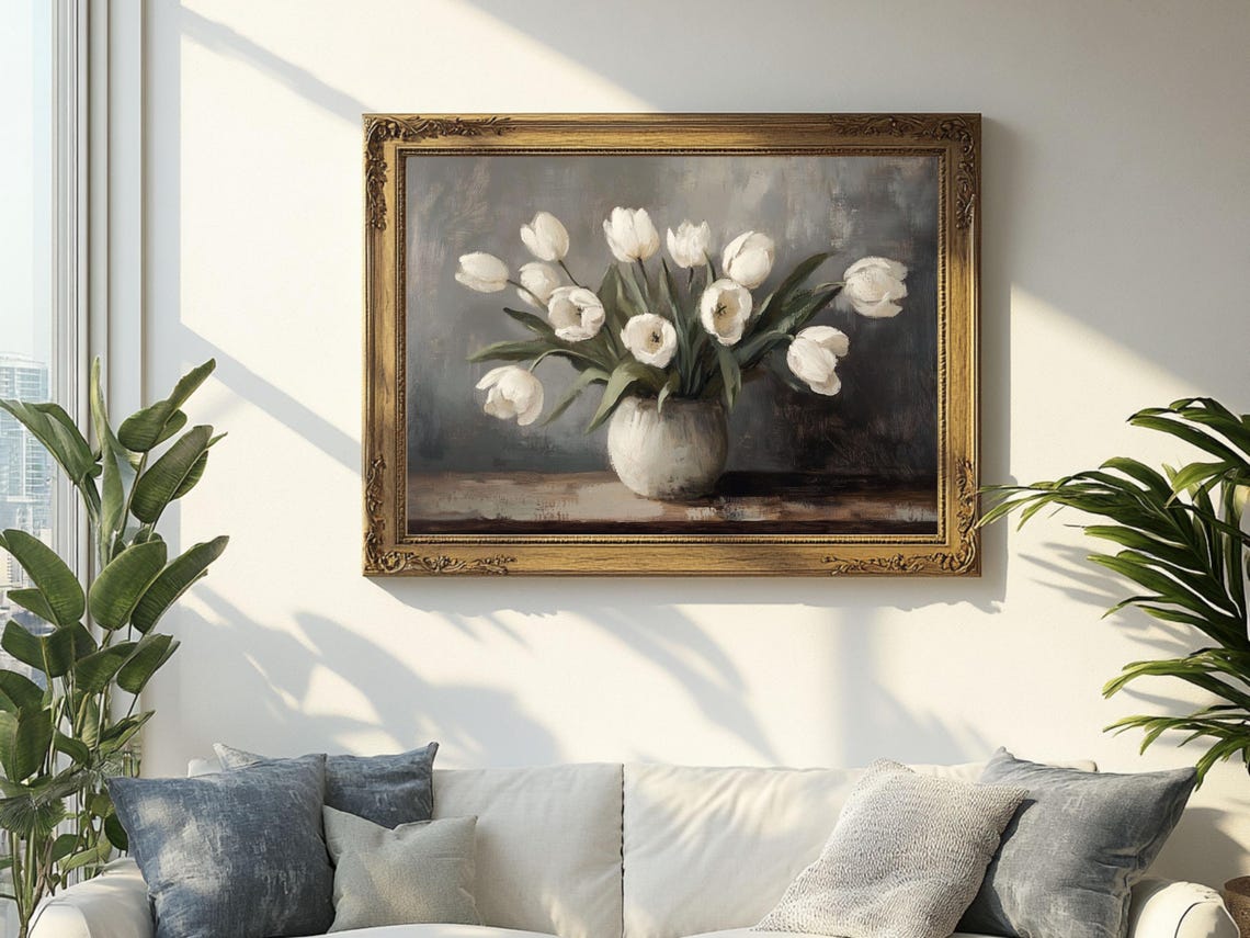 White Tulips Vintage Floral Art, Cottagecore Print - Image 2