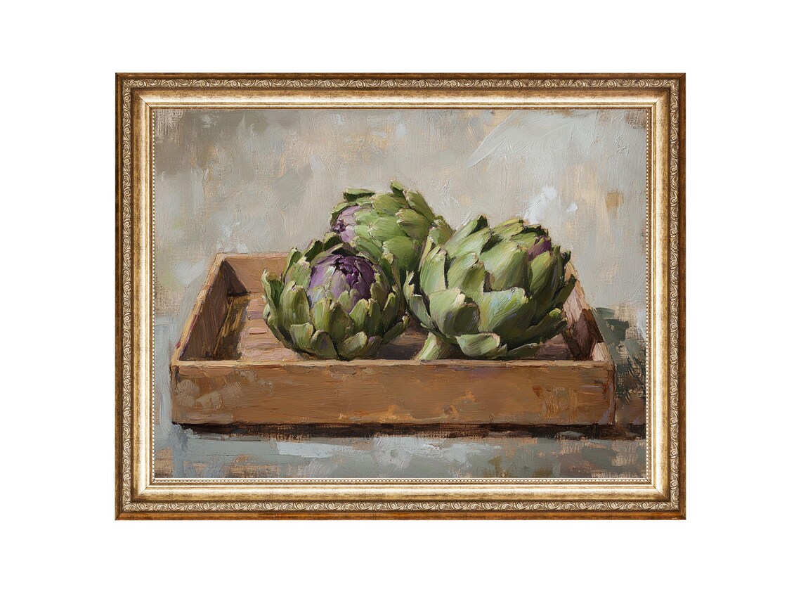Rustic Artichoke Kitchen Still Life, Vintage Painting