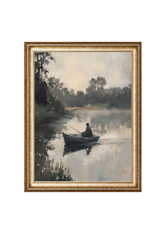 Solitary Fisherman In A Rowboat On A Calm Lake Vintage Oil Painting Cottagecore Wall Art Wall Art Prints