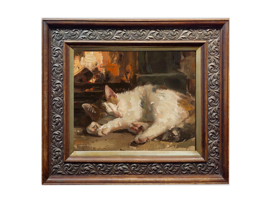 Sleeping White Cat Curled Up Cozy Vintage Animal Portrait Poster - Image 2