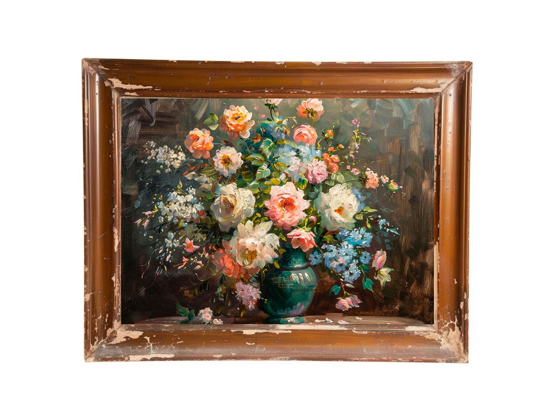 Flower Bouquet Vintage Still Life Flower Oil Painting Romantic Wall Art Summer Flowers Floral Art Flowers In Vase Flower Artwork - Image 2