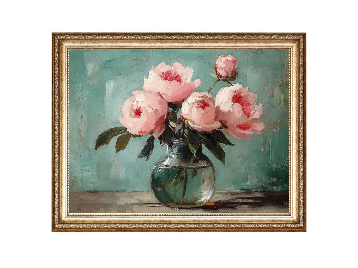 Peony Bouquet Oil Painting Vintage Floral Still Life Wall Art Oil Painting Vintage Painting Wall Art Prints