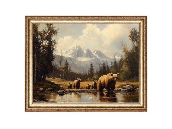 Mother Bear and Cubs Crossing Stream Mountain Wilderness Poster