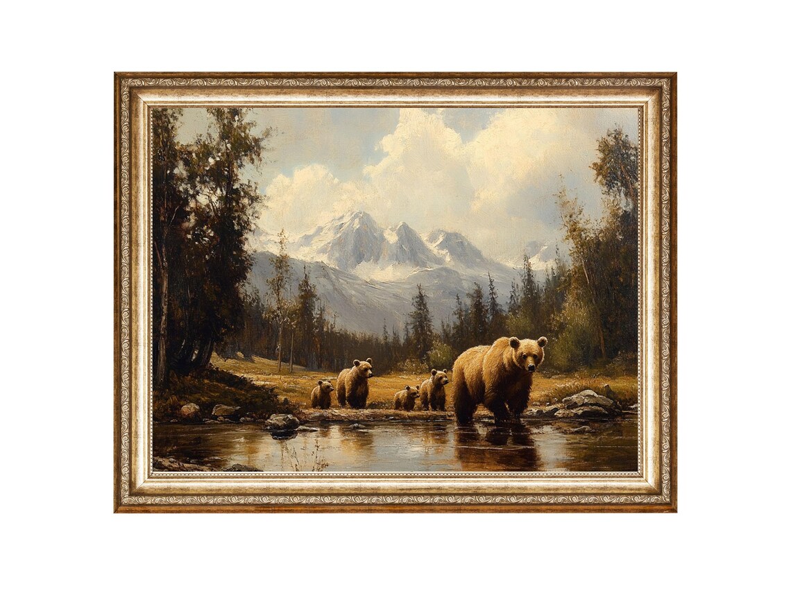 Mother Bear and Cubs Crossing Stream Mountain Wilderness Poster