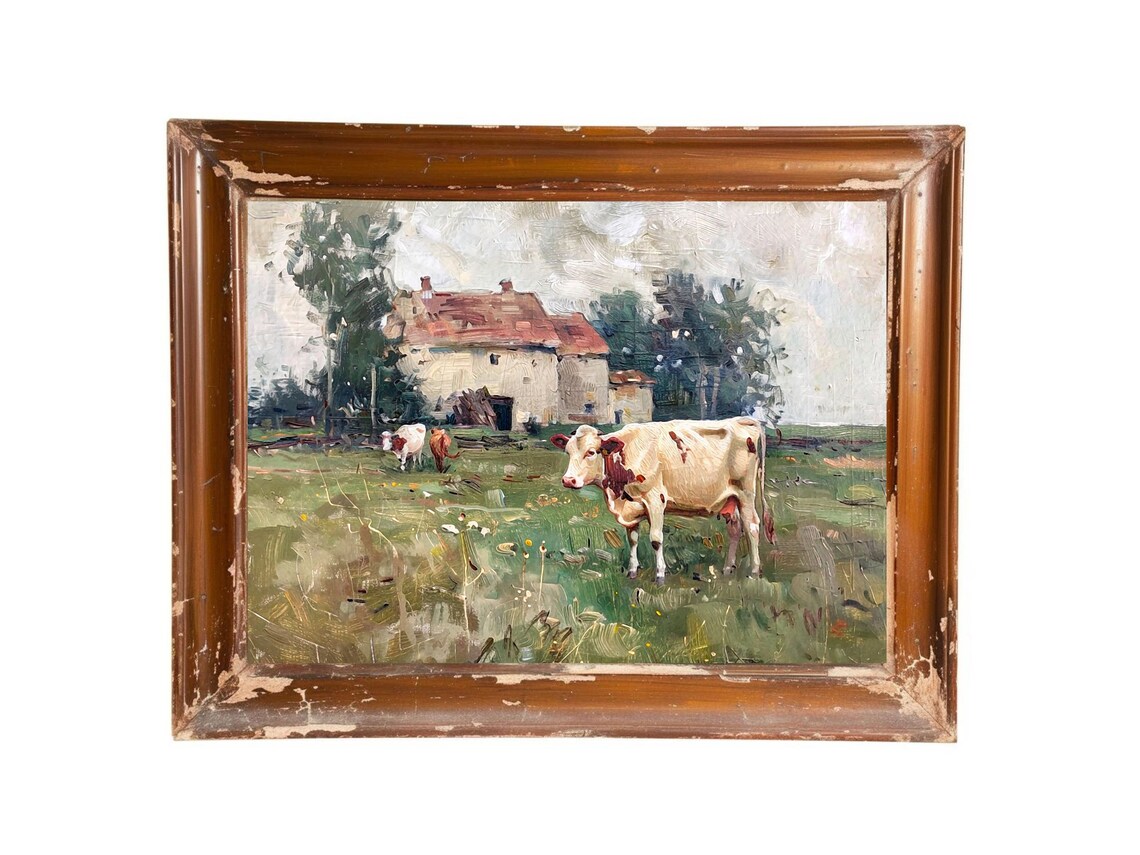 Country Cottage With Cows, Vintage Oil Painting Art Print - Image 3