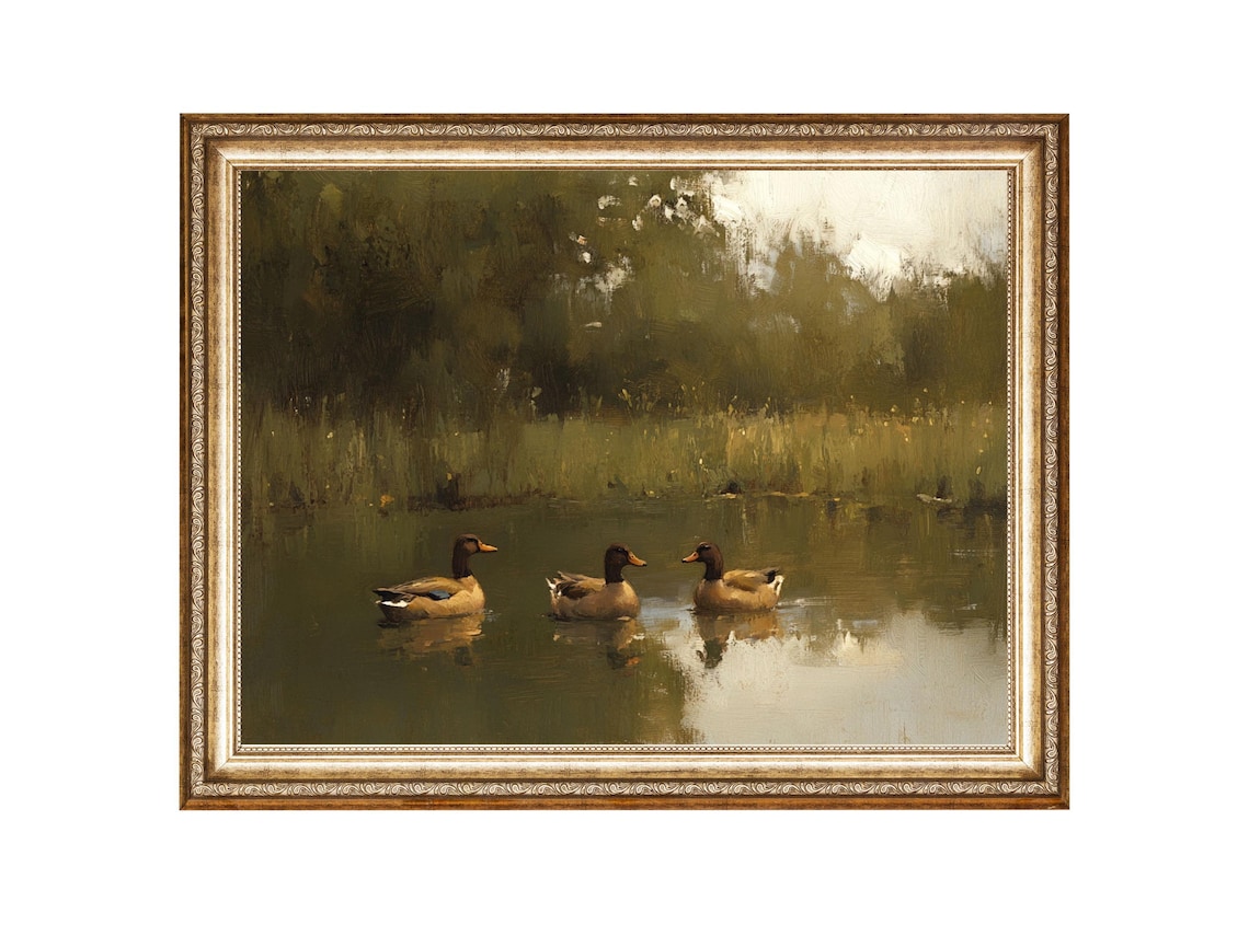 Ducks On Pond Painting, Cottage Core Vintage