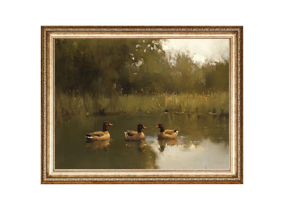 Ducks On Pond Painting, Cottage Core Vintage