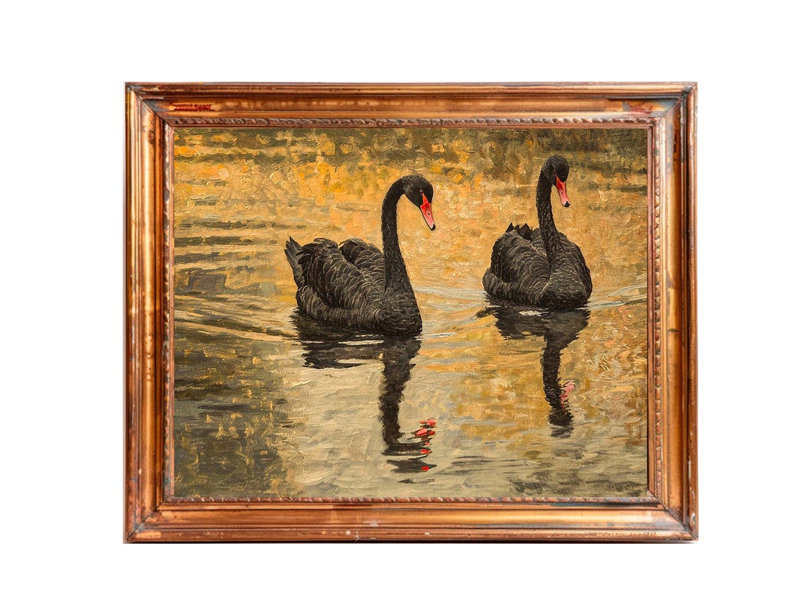 Black Swan Art Lake Painting Vintage Swan Nature Wall Art Swan Painting Animal Wall Art Swan Art Goghstudiovintage - Image 3