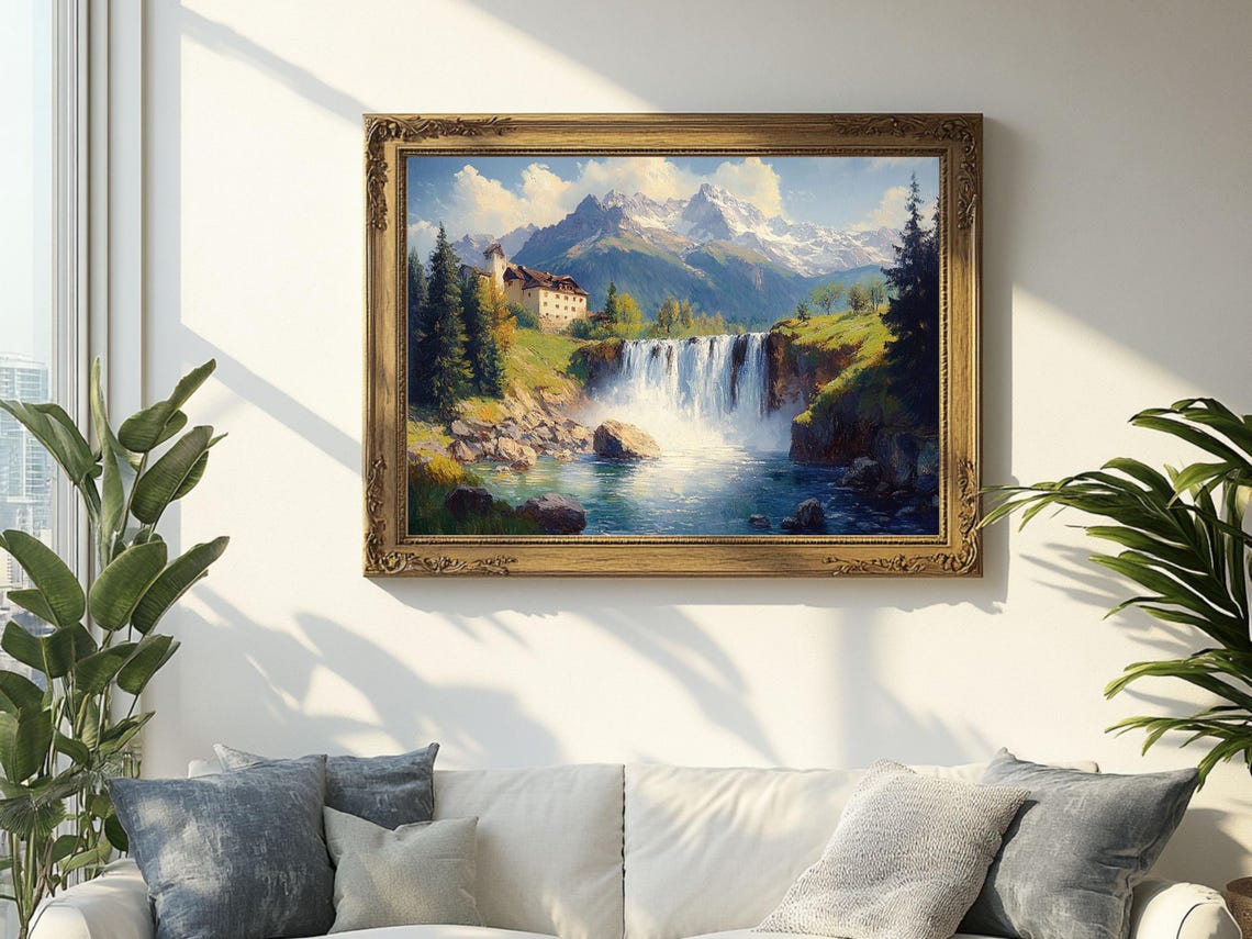 Mountain Waterfall Landscape Rustic Cabin Nature Wall Decor Vintage Oil Painting Cottagecore Wall Art Wall Art Prints - Image 2