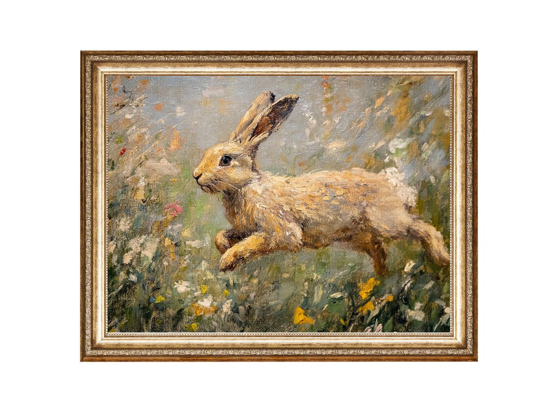 Running Hare Through Wildflower Meadow Wildlife Painting Poster