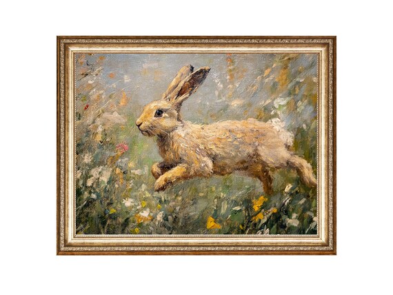 Running Hare Through Wildflower Meadow Wildlife Painting Poster