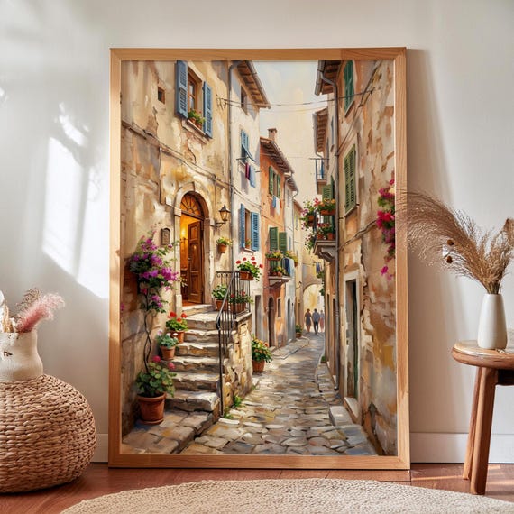 Textured Cityscape Painting Beige Palette Knife Impasto Canvas European Alleyway Art