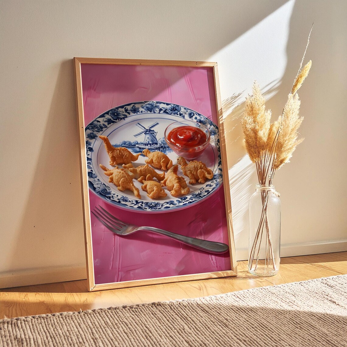 Dino Nugget Art Print Blue White Delft Style Funny Kitchen Decor Digital Download