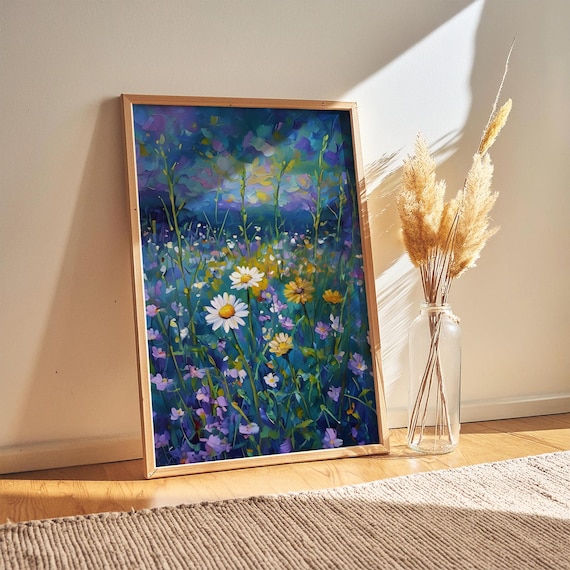 Impressionist Daisy Meadow In Blue And Violet Tranquil Wildflower Wall Art