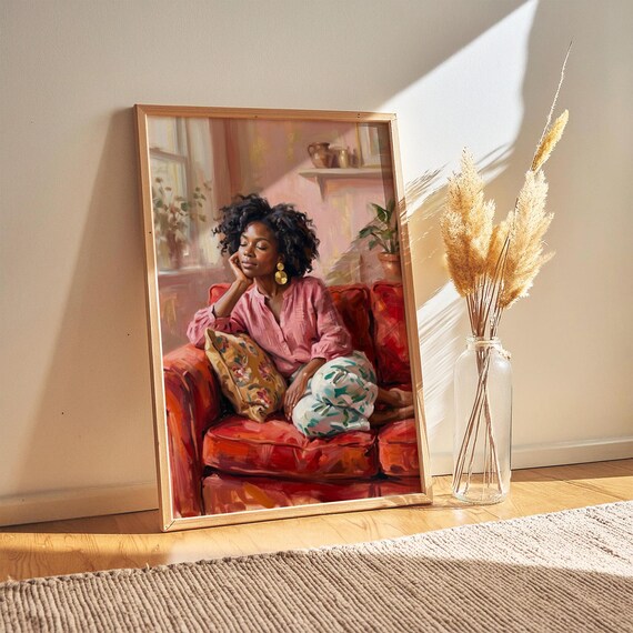 Black Woman Portrait Oil Painting Red Sofa Relaxing Home Wall Art