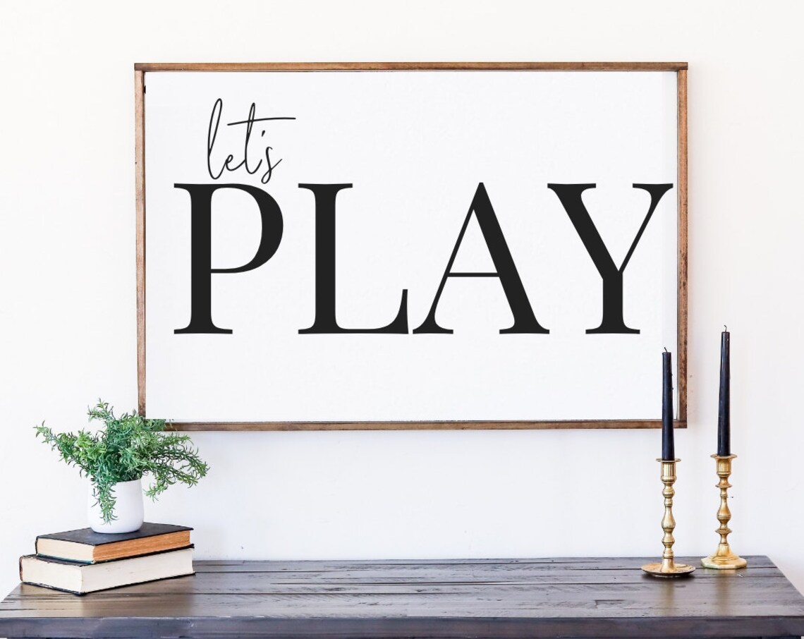 Let's Play Bold Typography Playroom Kids Room Wood Framed Wall Poster
