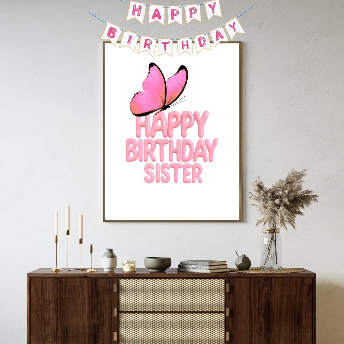 Pink Happy Birthday Sister Butterfly Balloon Letters Party Poster