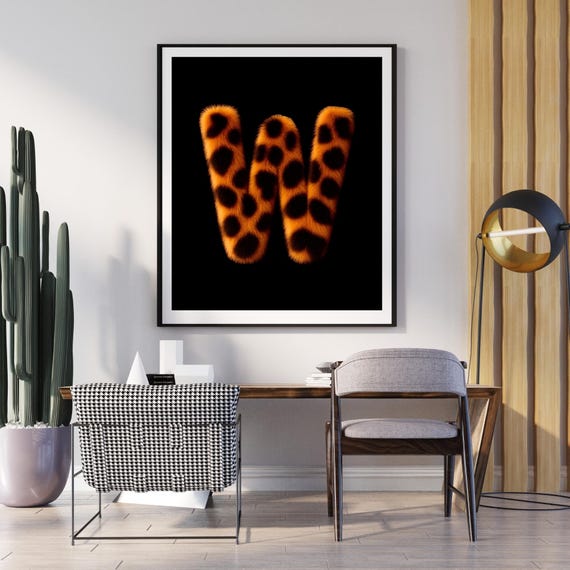 W Leopard Wall Art Animal Print Decor Wild Glam Poster Safari Boho Jungle Monogram