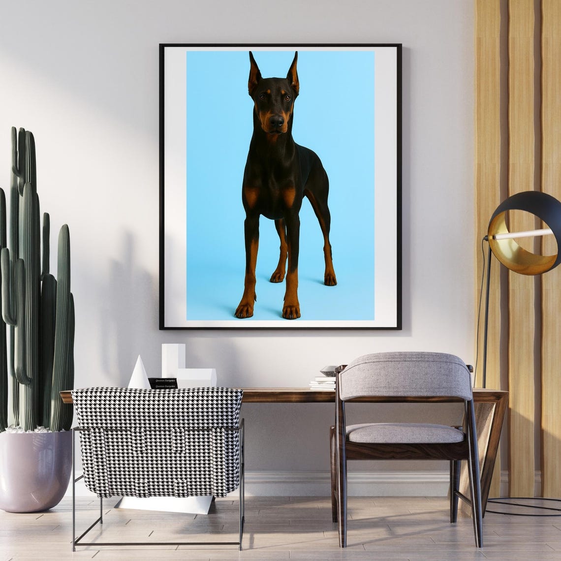 Doberman Standing Pose Blue Background Bold Breed Portrait Poster