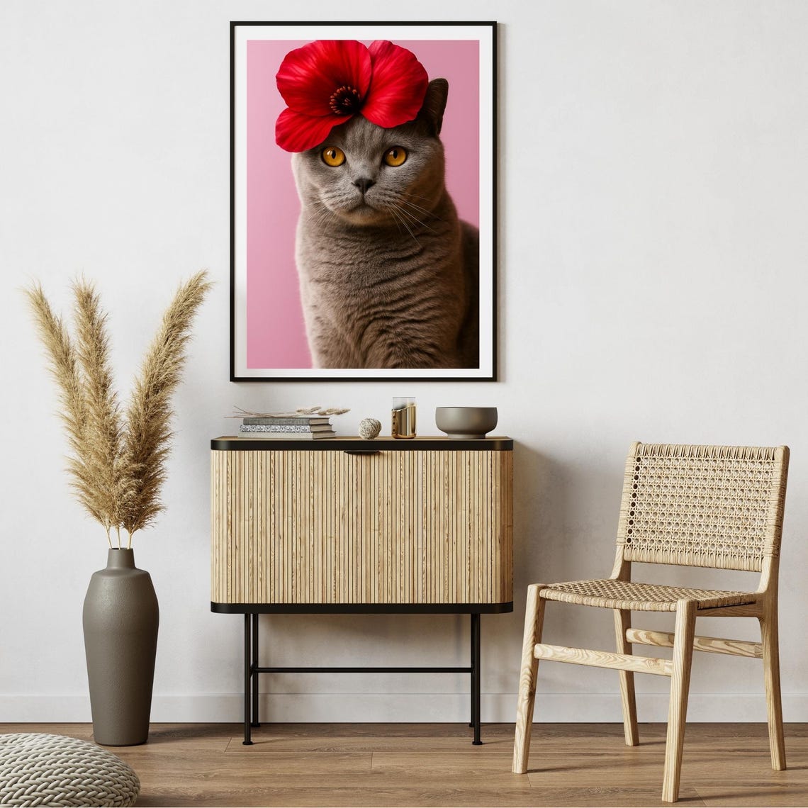 British Shorthair Cat with Red Poppy Flower Pink Portrait Poster