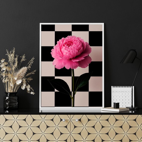 Peony Flower Wall Art Editorial Botanical Print Checkered Background Decor Bold Floral Fashion Poster Luxury Boho