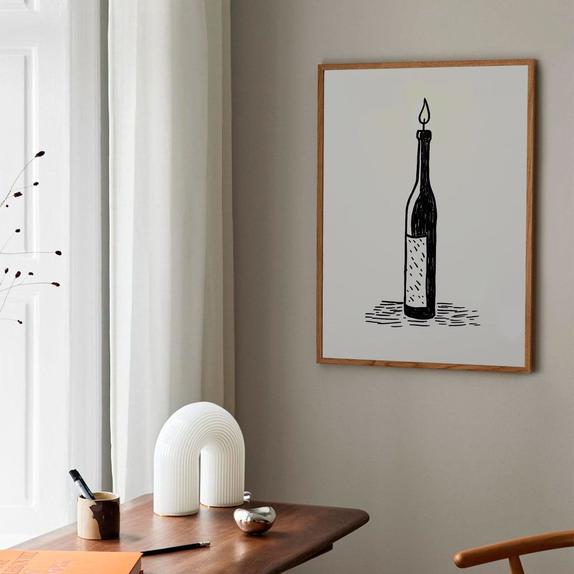 Burning Candle Wine Bottle Black Minimal Line Drawing Poster - Image 3