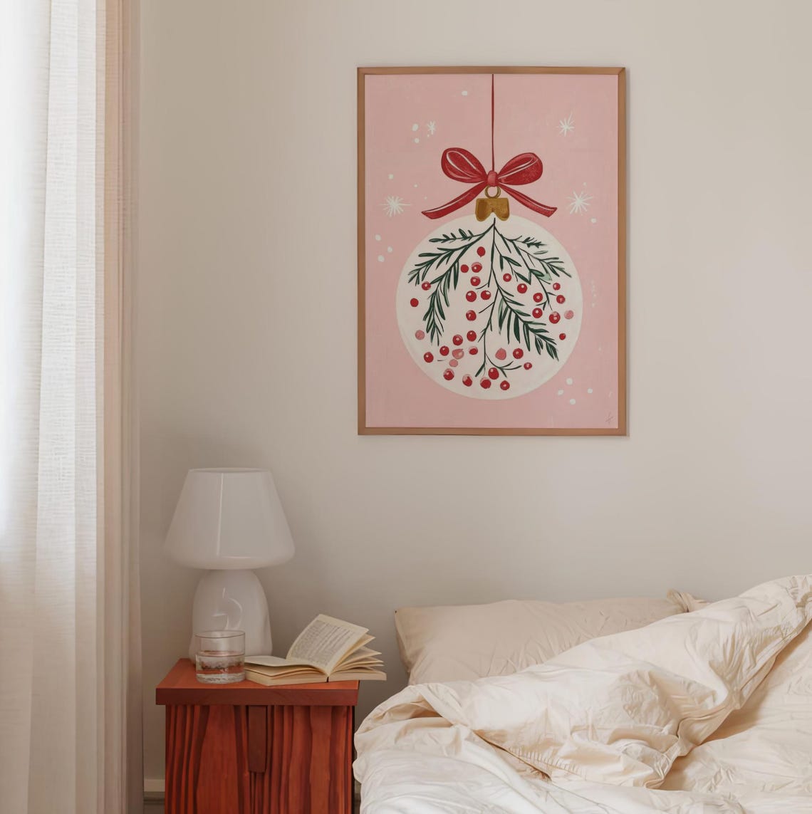 Pink Christmas Bauble With Red Bow Winter Berry Ornament Art Poster - Image 3