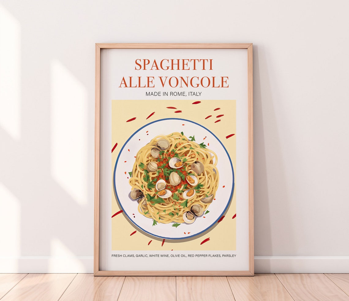 Spaghetti Alle Vongole Spaghetti Art Print Trendy Retro Wall Art Traditional Italian Food Wall Art Print Poster Foodie Gift Cafe Wall Art