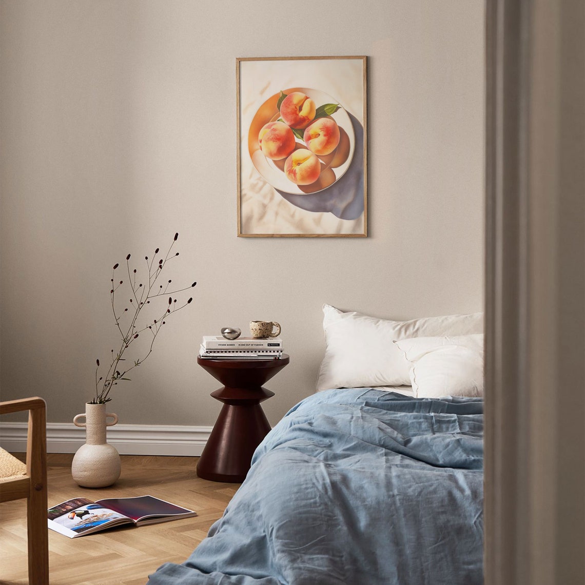 Peaches On Plate Sunlit Realistic Fruit Still Life Kitchen Poster - Image 2