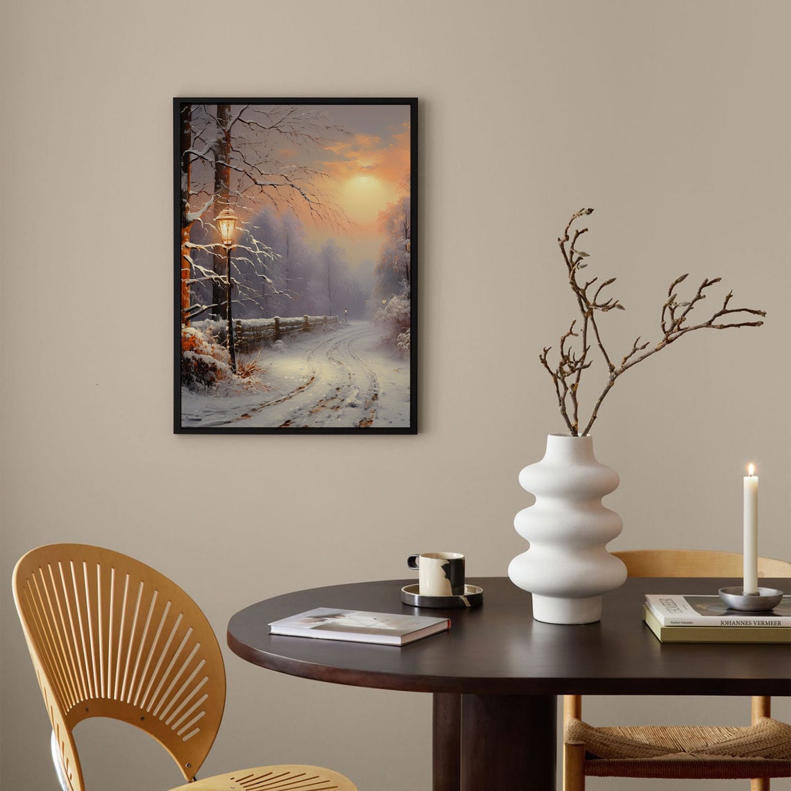 Snowy Winter Street Glowing Lamppost Sunset Landscape Poster - Image 3