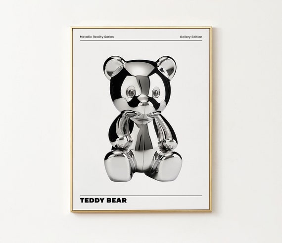 Metallic Teddy Bear Wall Decor Vibrant Chrome Holographic Poster Funky Home Decoration Playful Illustration Print Aesthetic Exhibition